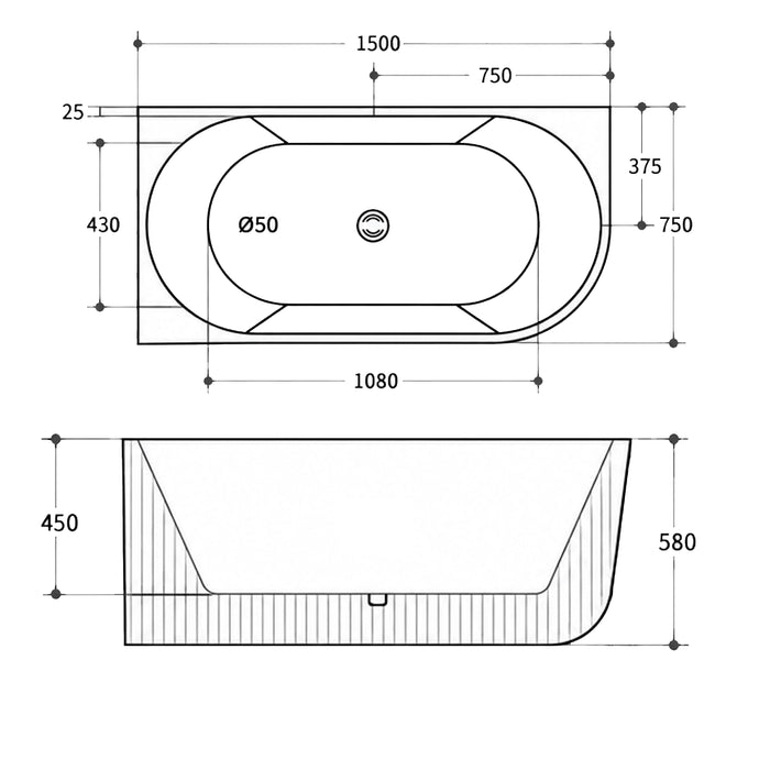 Rivello 1500 Corner Fluted Bathtub — Matte White