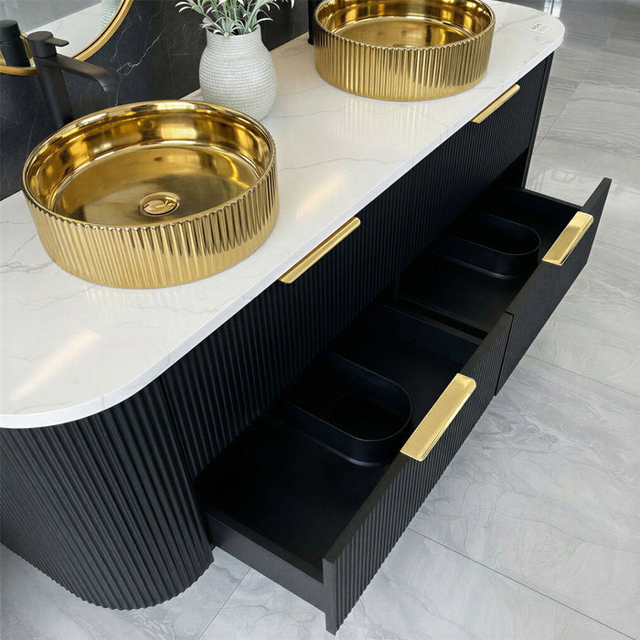 1500mm Matte Black Curved Fluted Bathroom Vanity