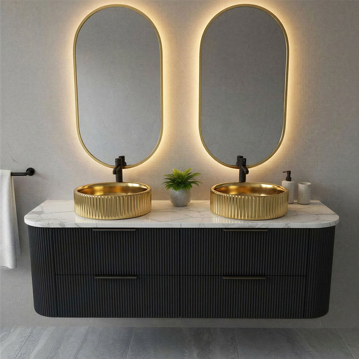 1500mm Matte Black Curved Fluted Bathroom Vanity