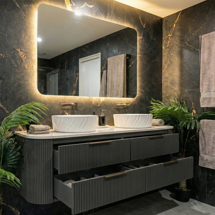 1500mm Gunmetal Grey Curved Fluted Bathroom Vanity