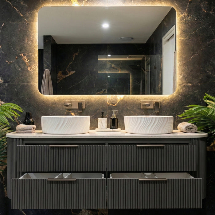 1500mm Gunmetal Grey Curved Fluted Bathroom Vanity