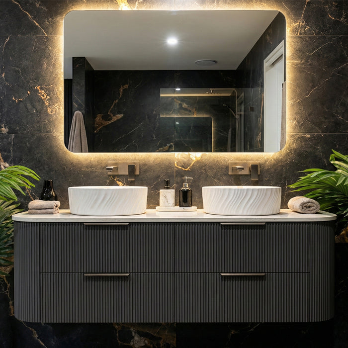 1500mm Gunmetal Grey Curved Fluted Bathroom Vanity