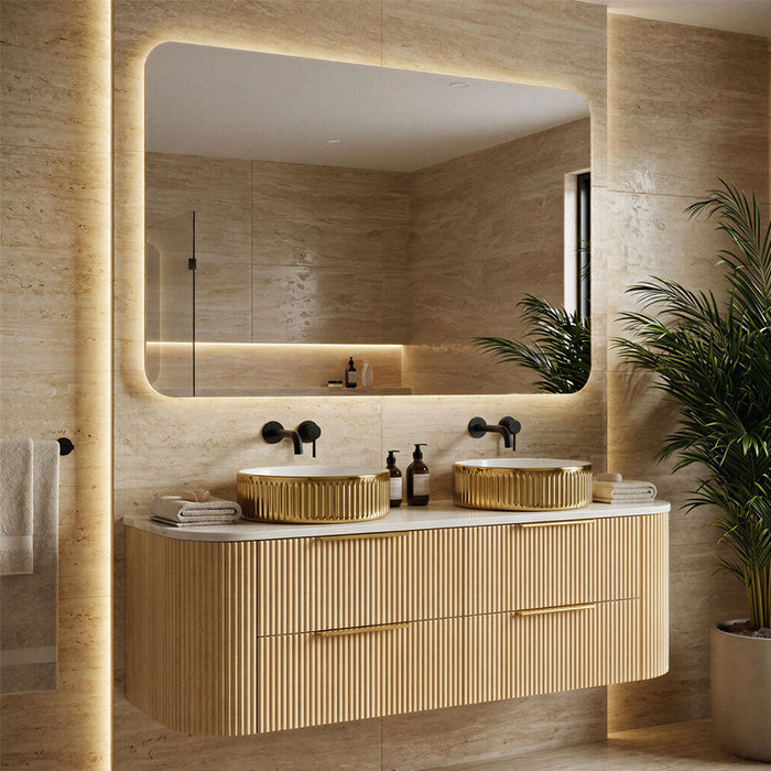 1500mm Matte Oak Curved Fluted Bathroom Vanity