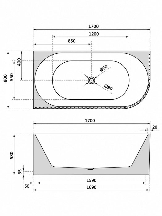 Rivello 1700 Corner Fluted Bathtub — Matte White