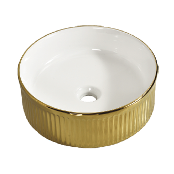 Round Rim Fluted Ceramic Wash Basin 360 White And Gold