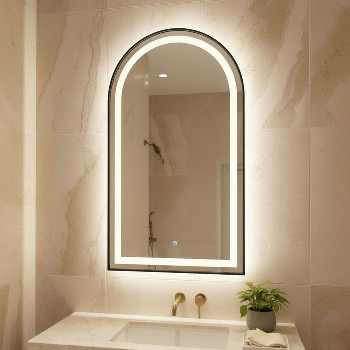 Arch 900 x 500 Matte Black Framed Touchless Tri-light LED Mirror
