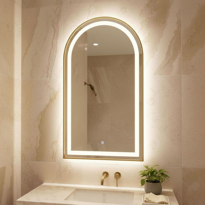 Arch 900 x 500 Brushed Gold Framed Touchless Tri-light LED Mirror