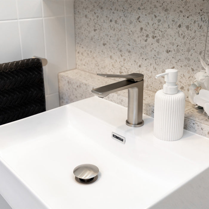VOG Brushed Nickel Short Basin Mixer with soft rounded edges and single lever handle