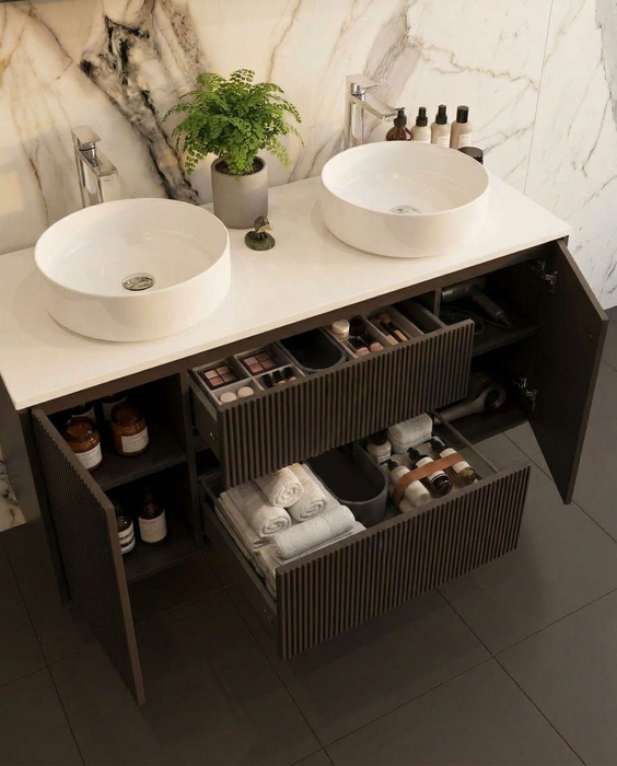 1400 Wall Hung Vanity with Stone Top and Double White Basin