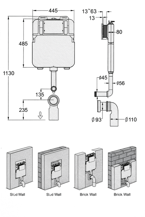 In-wall Cistern for Floor Toilet Pan