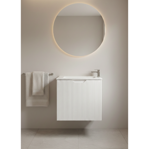 Bathroom with round mirror and white slim vanity