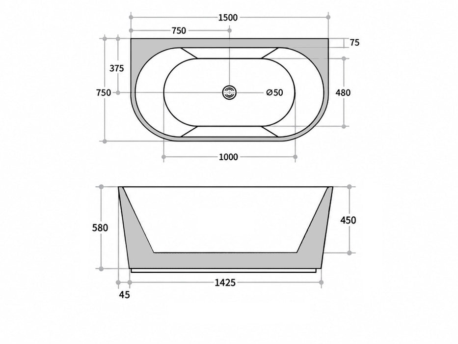 Bacio 1500 Back-to-Wall Fluted Bathtub — Matte White