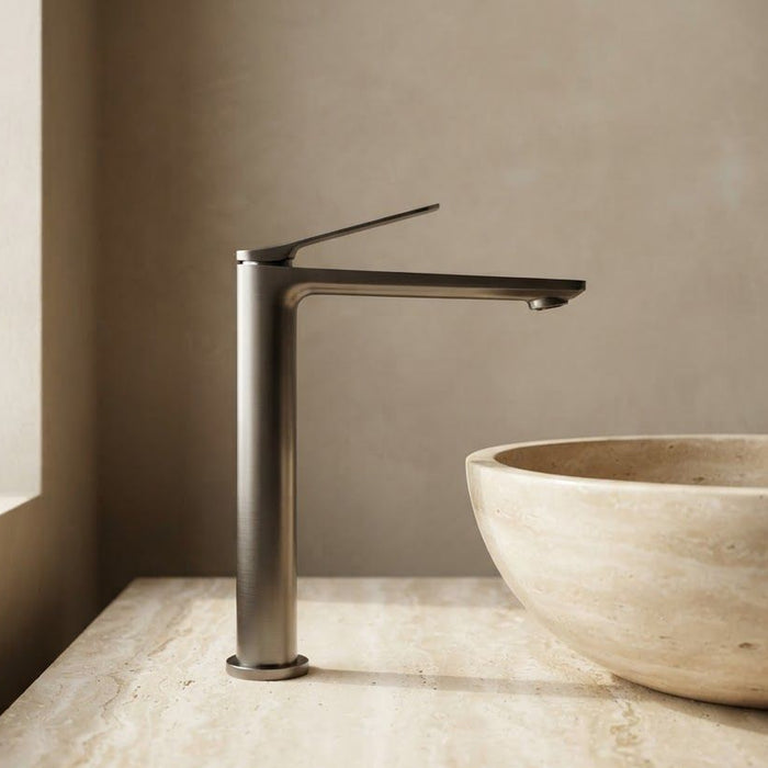 RUSHY Tall Basin Mixer Brushed Gunmetal with 180mm spout reach