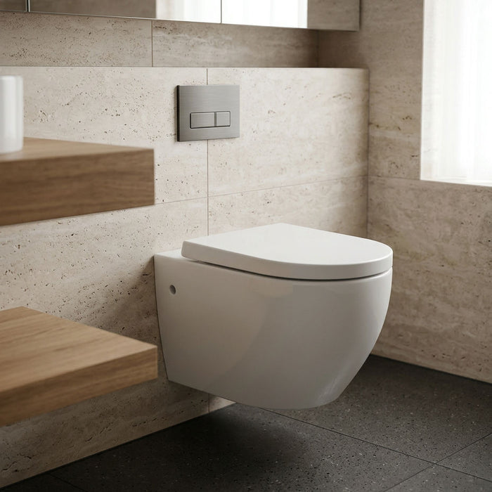 White Tornado Rimless Wall-Hung Toilet Pan with slim soft-close UF seat for a modern bathroom