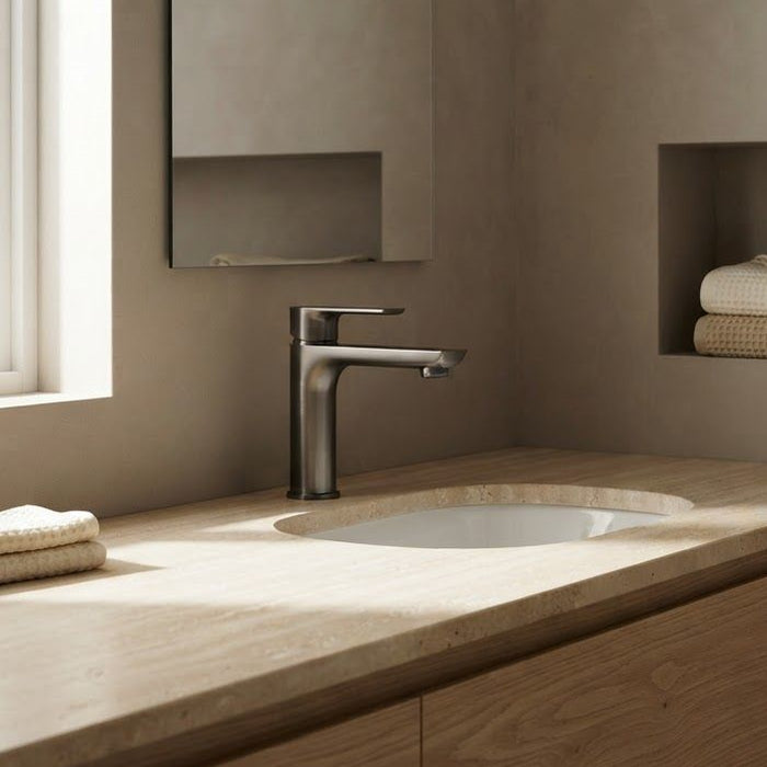 VOG Gunmetal Short Basin Mixer with contemporary rounded spout and slim lever