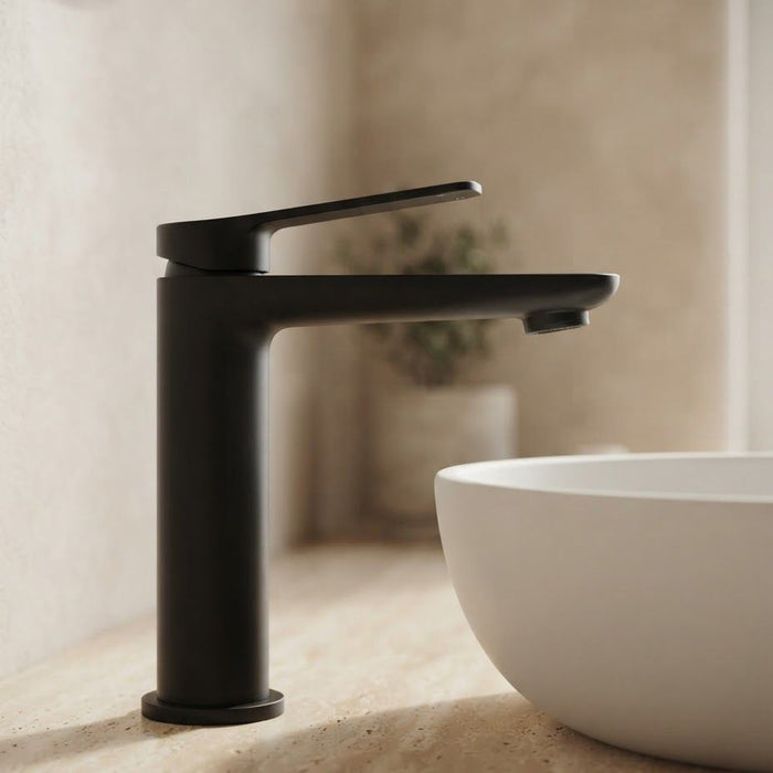 RUSHY Basin Mixer in Black with sleek curved spout and lever handle
