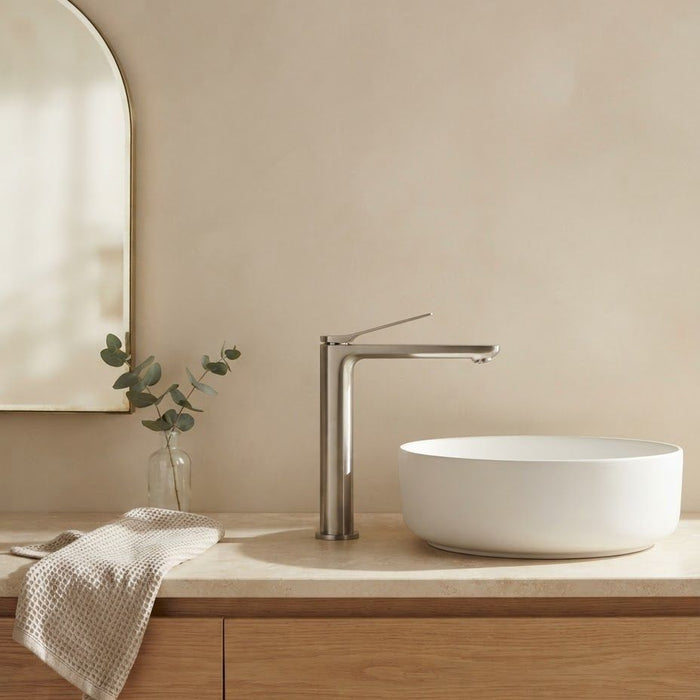 RUSHY Tall Basin Mixer Brushed Nickel with tall body and 180mm spout