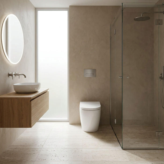 White Luna Tornado Rimless In-Wall Toilet Pan with slim soft-close UF seat and concealed cistern installation
