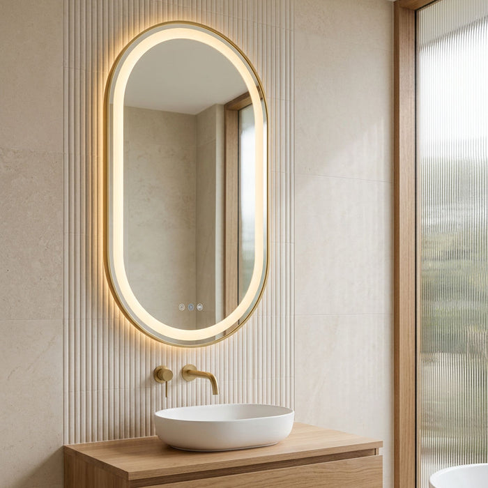 500 x 900mm Oval Pill Brushed Gold Framed Touchless LED Tri-light Bathroom Mirror with motion sensor and built-in demisting function