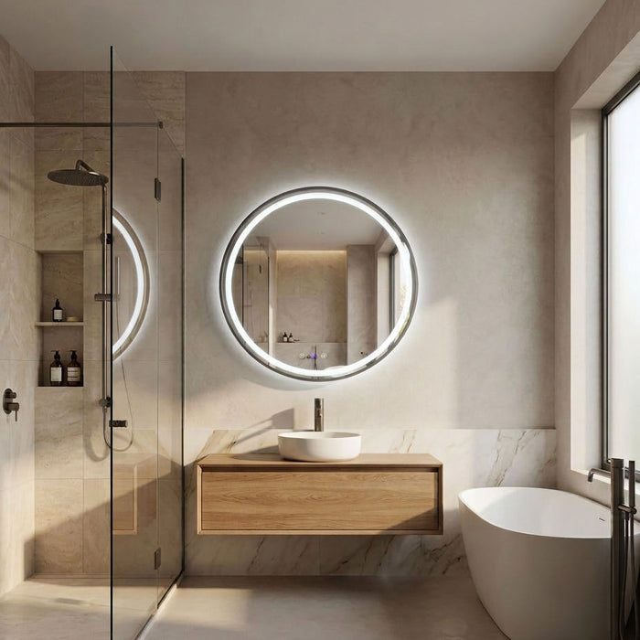 700 x 700mm Round Gunmetal Grey Framed LED Bathroom Mirror with three light colours, touchless motion sensor and built-in demisting function