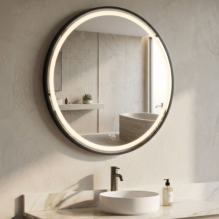Round Matte Black Framed 700 x 700 Touchless Tri-light LED Mirror
