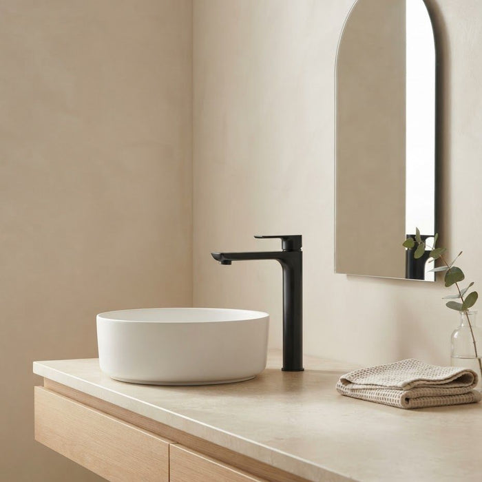 VOG Tall Basin Mixer Black with tall profile and curved 161mm spout