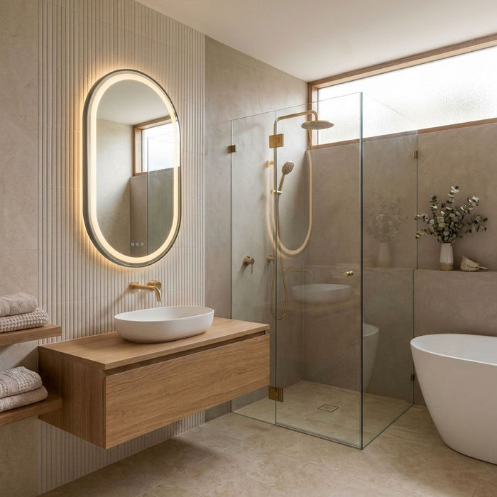500 x 900mm Oval Pill Gunmetal Grey Framed LED Bathroom Mirror with three light colours, touchless motion sensor and built-in demisting function