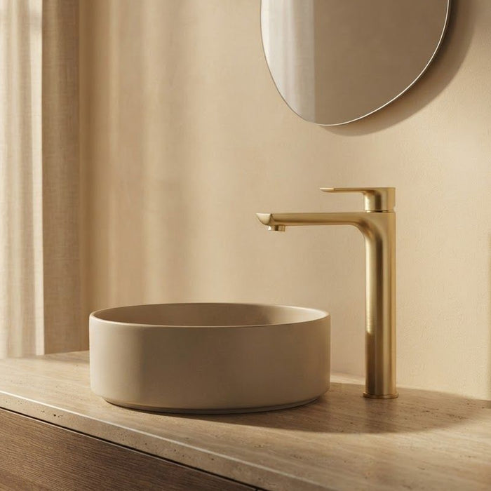 VOG Tall Basin Mixer Light Brushed Brass with tall profile and curved spout