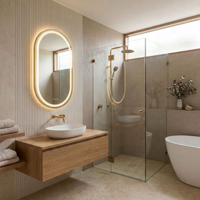 Oval Pill 500 x 900 Brushed Gold Framed Touchless LED Tri-light Mirror