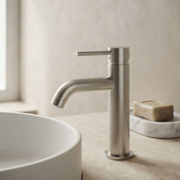 Arluno Round Basin Mixer in Brushed Nickel, modern 304 stainless steel bathroom tapware