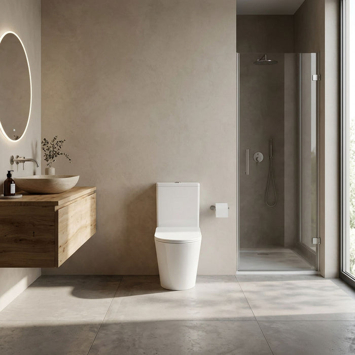 White Tornado Rimless Two-Piece Toilet with slim soft-close UF seat and dual-flush cistern