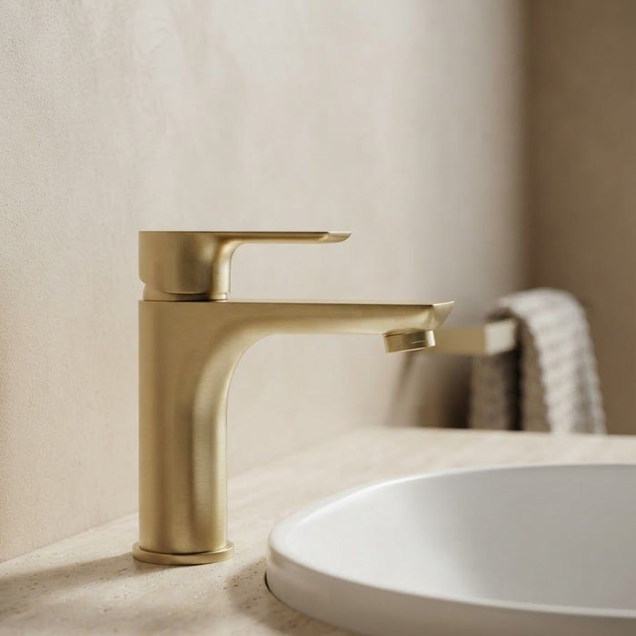 VOG Light Brushed Brass Short Basin Mixer with rounded spout and single lever handl
