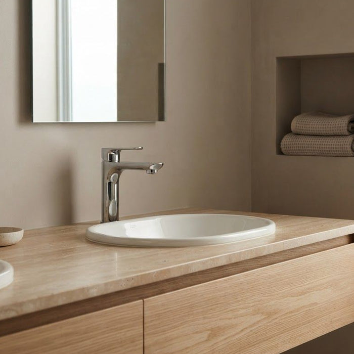 VOG Chrome Short Basin Mixer with polished finish, rounded spout and lever handle