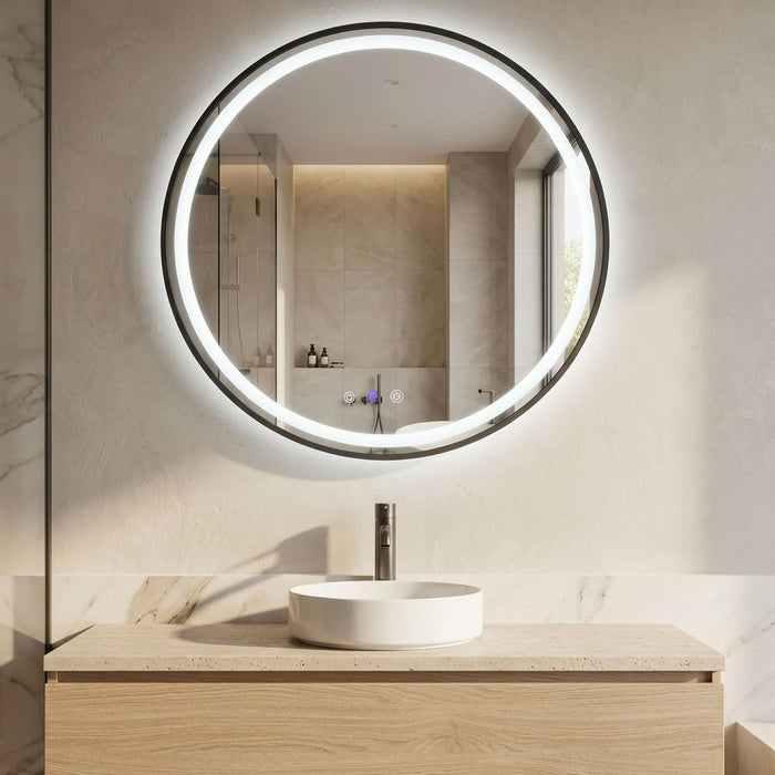 Round Matte Black Framed 700 x 700 Touchless Tri-light LED Mirror