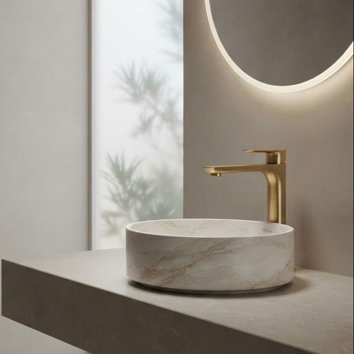 VOG Tall Basin Mixer Brushed Brass with curved spout and tall profile