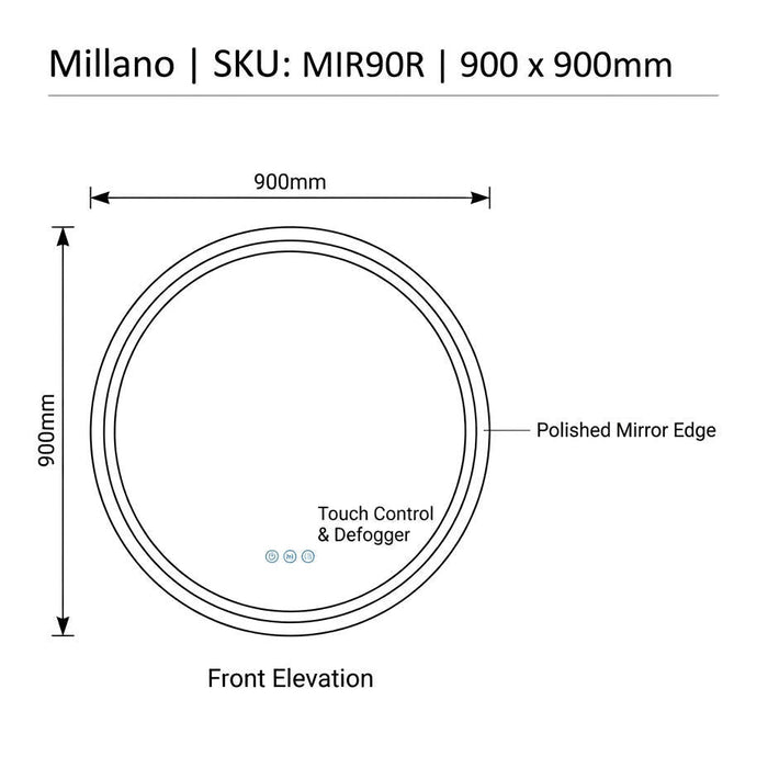 Round 900 x 900 Polished Edge Touchless Tri-light LED Mirror
