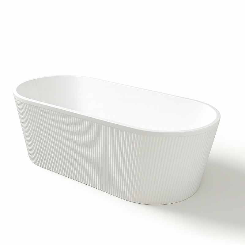 White freestanding bathtub with ribbed texture on a white background