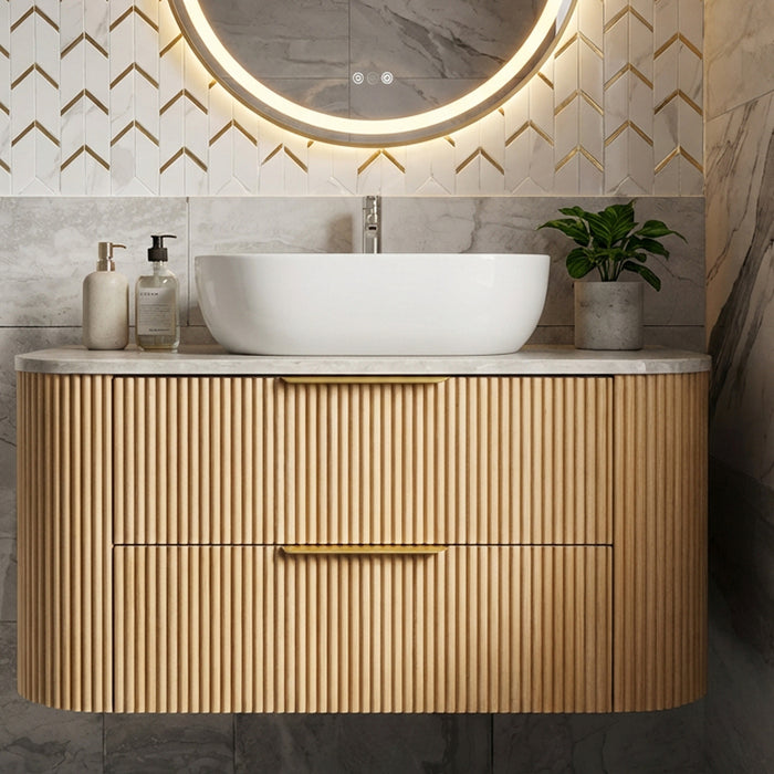 900mm Matte Oak Curved Fluted Vanity