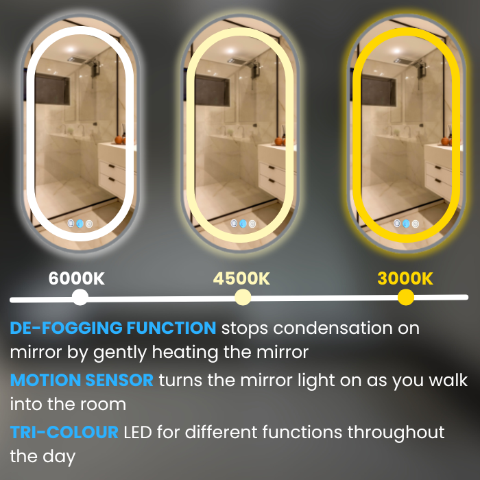 Oval Pill 900 x 500 Polished Edge Touchless Tri-light LED Mirror