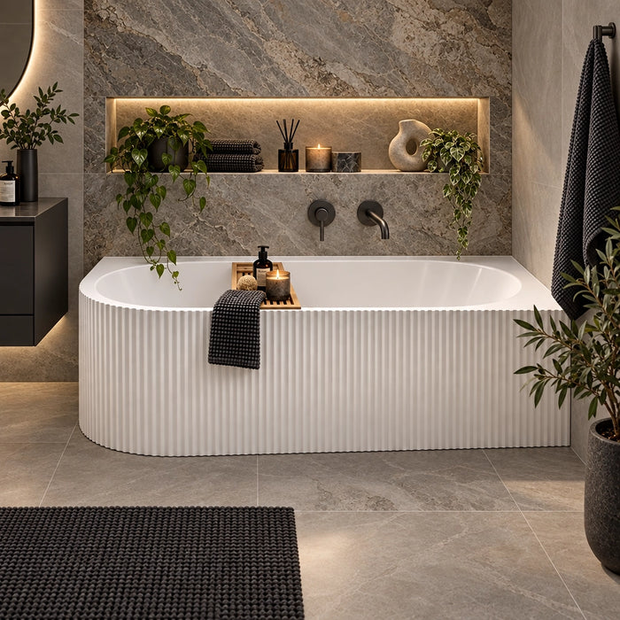 Rivello 1500 Corner Fluted Bathtub — Matte White