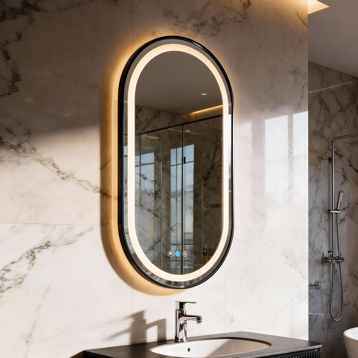 Oval Pill 500 x 900 Matte Black Framed Touchless LED Tri-Light Mirror