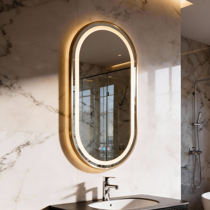Oval Pill 500 x 900 Brushed Gold Framed Touchless LED Tri-light Mirror