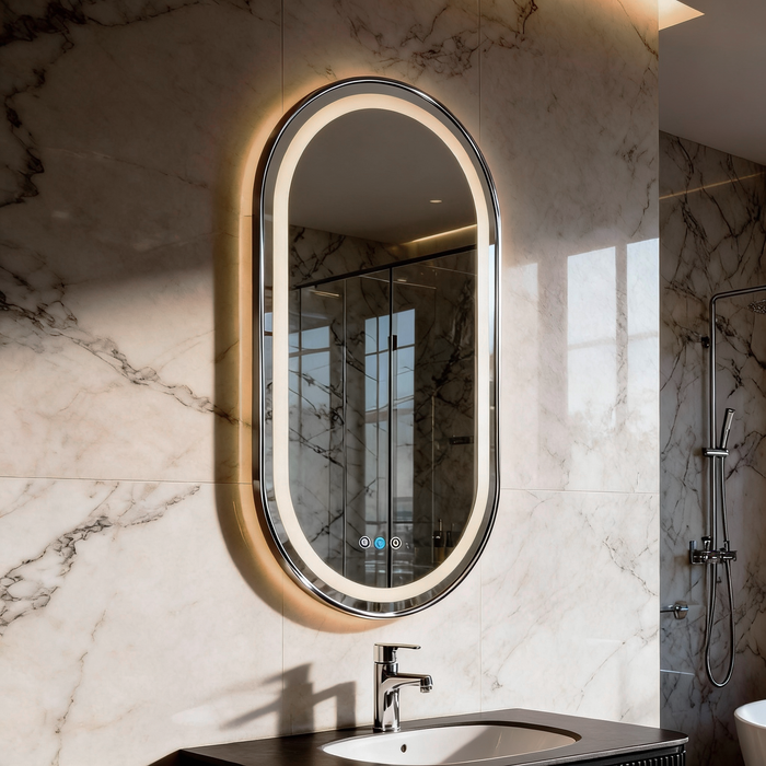 Oval Pill 500 x 900 Gunmetal Grey Framed Touchless LED Tri-light Mirror