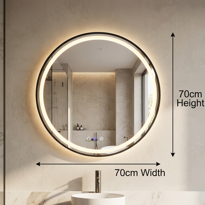 Round Matte Black Framed 700 x 700 Touchless Tri-light LED Mirror