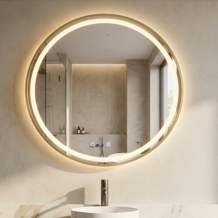Round Brushed Gold Framed 700 x 700 Touchless Tri-light LED Mirror
